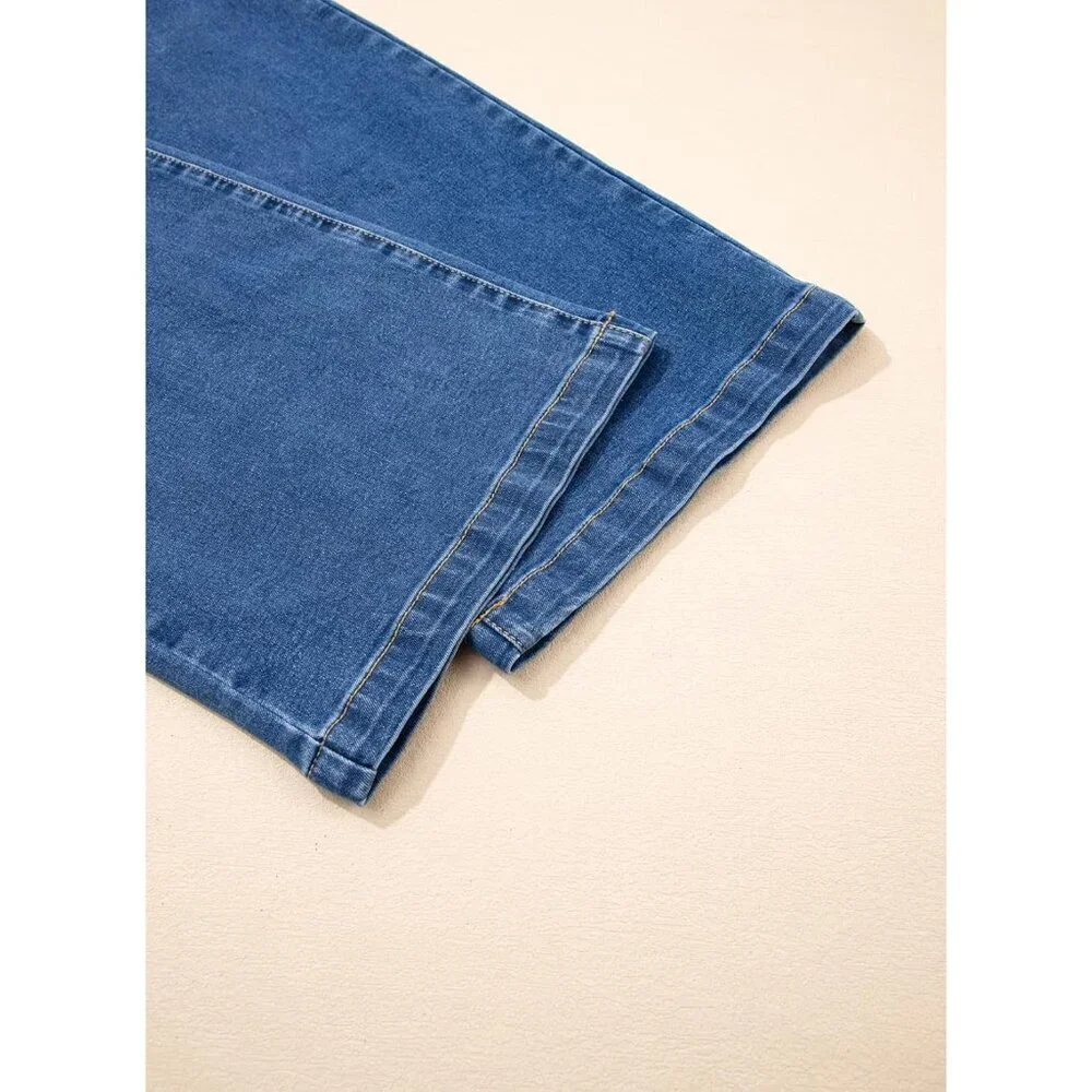 Women's Wide Leg High Waist Drawstring Jeans Stretchy Baggy Casual Pant